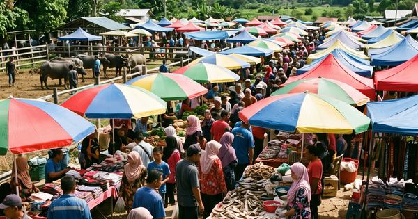 Illustration of a busy tamu market with buffalo, not a photo of the event