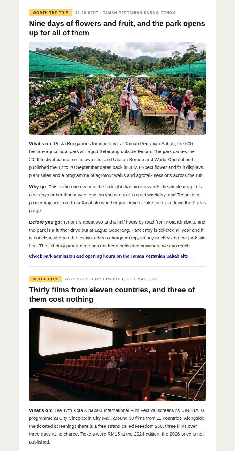 The top of a Sabah This Week email, showing the masthead, the curator's note and the first event